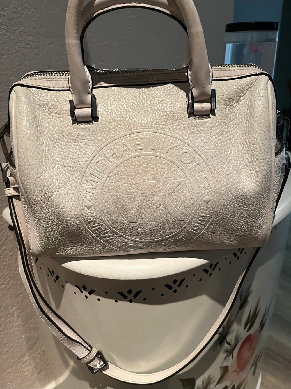 Michael Kors Pebbled Cream Leather Satchel with Embossed Logo